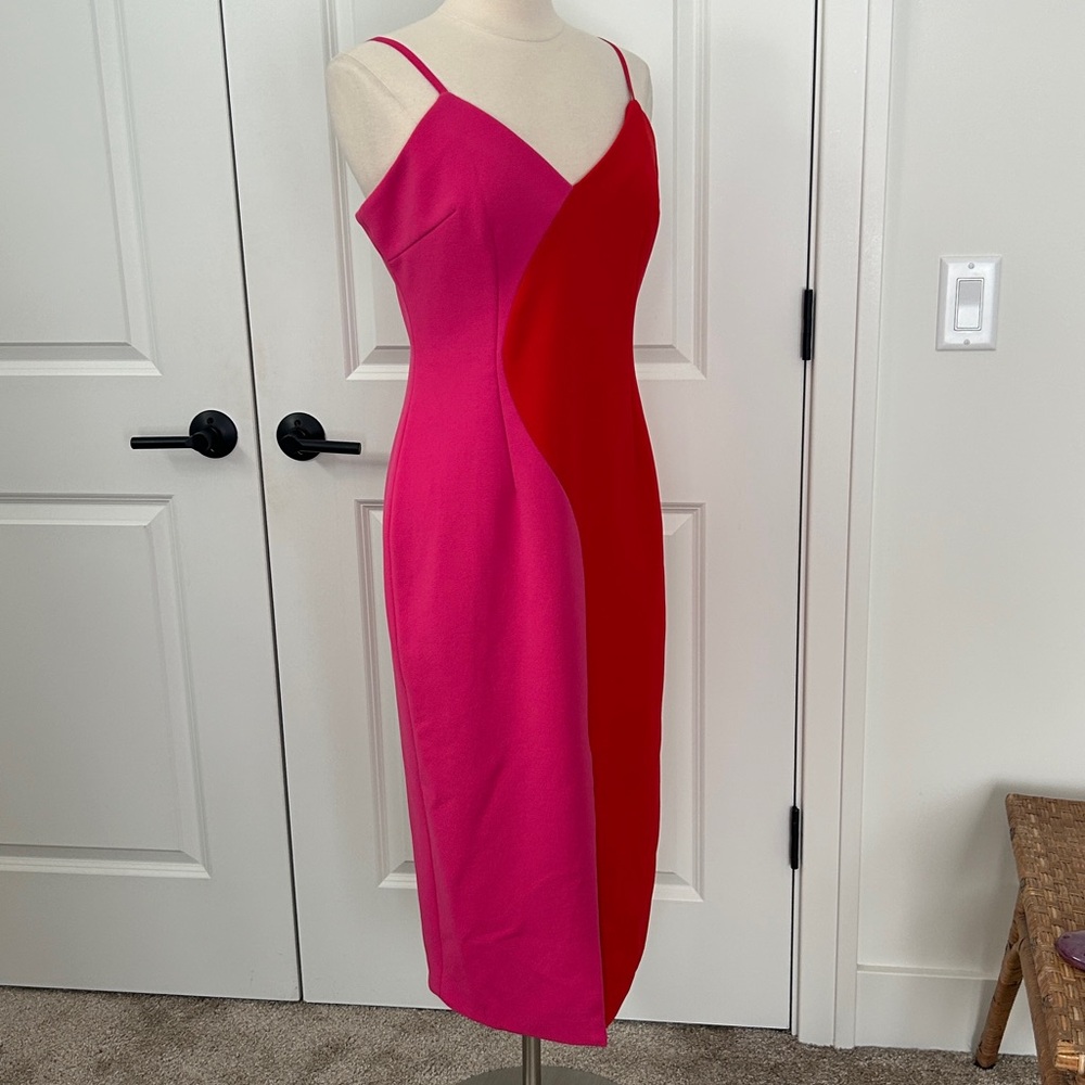 ELLIATT size XL Sydne Red Pink colorblock Stretch Midi Dress - Picture 2 of 5
